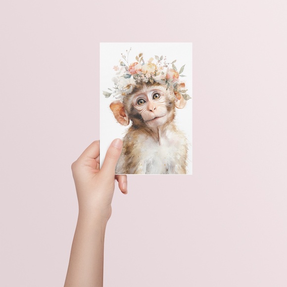 Watercolor Floral Monkey Portrait Wall Art Print Unframed - Playful Jungle Charm - Picture 5 of 6